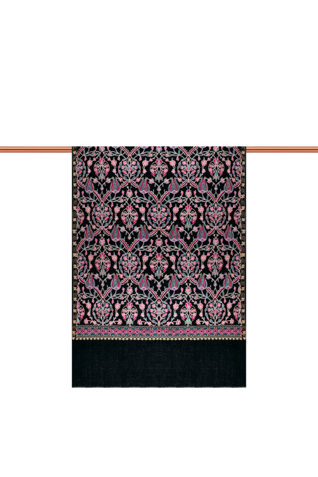 Black Fuchsia Tulip Pattern Embroidered Wool Shawl - 3
