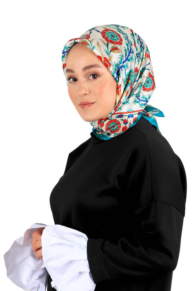 Turkuaz Ekru Selçuk Desen İpek Eşarp - 2