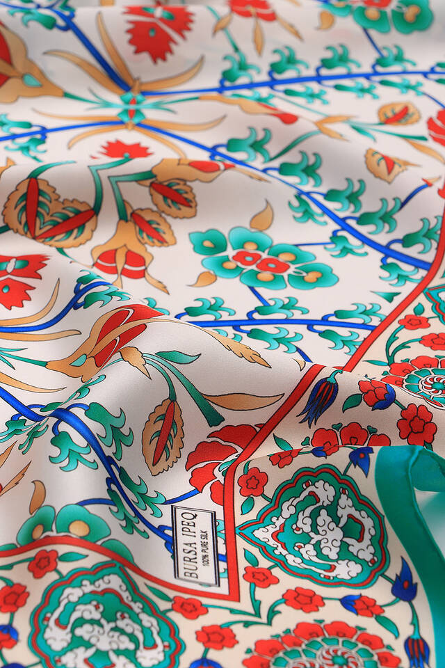 Turkuaz Ekru Selçuk Desen İpek Eşarp - 3