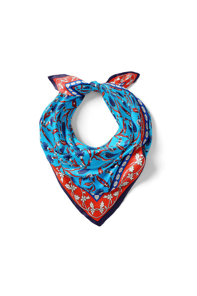 Turkuaz Lale Karanfil Desen İpeksi Mendil - 2