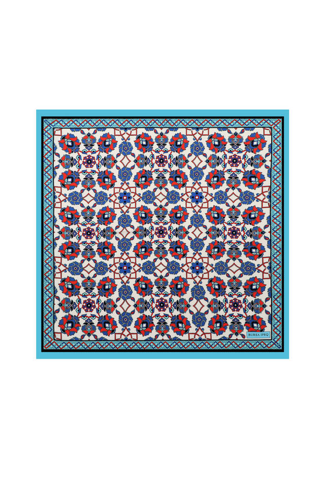 Turkuaz Motif Desen İpeksi Mendil - Bursa İpek