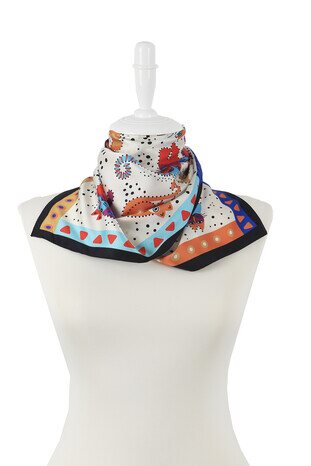 Turquoise Beige Patterned Silky Foulard - Thumbnail