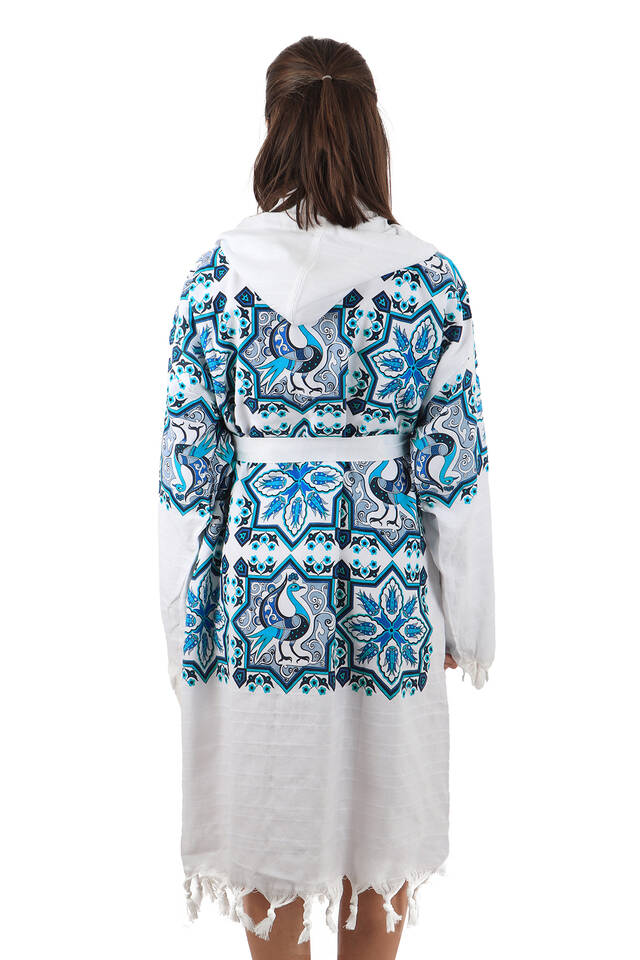 Turquoise Blue Printed Peacock Pattern Bathrobe - 2