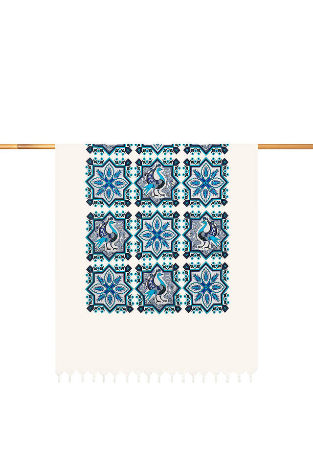 Turquoise Blue Printed Peacock Pattern Loincloth - Bursa İpek