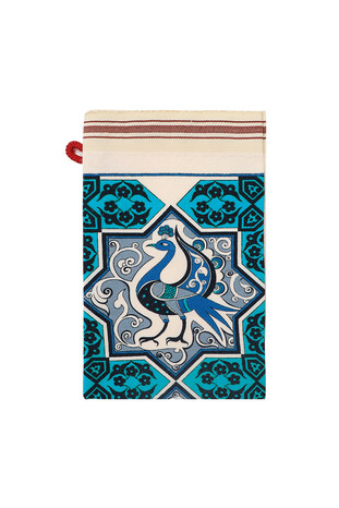 Turquoise Blue Printed Peacock Pattern Pouch - Thumbnail