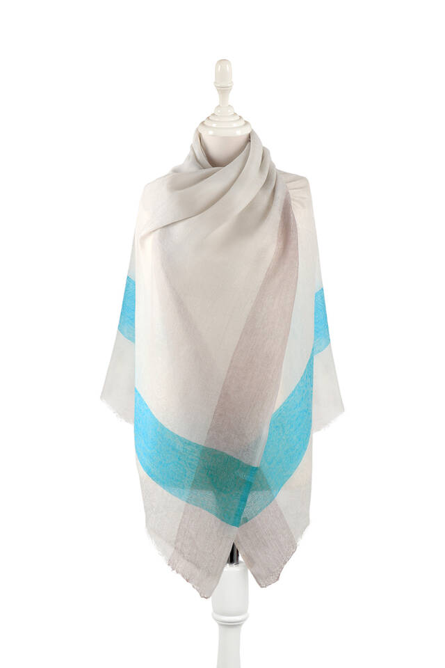 Turquoise Border Patterned Wool Shawl - Bursa İpek
