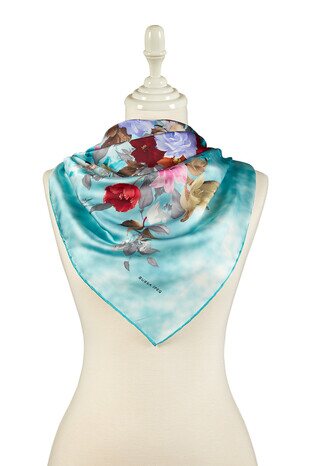 Turquoise Bouquet Pattern Silk Square Scarf - Thumbnail