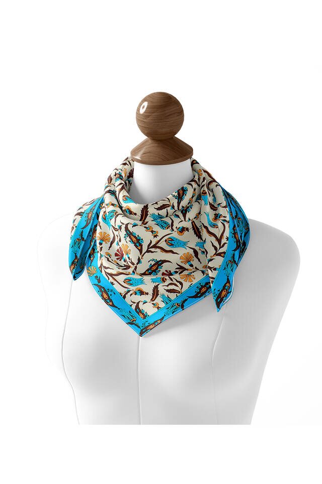 Turquoise Brown Carnation Tulip Silk Square Scarf - 2