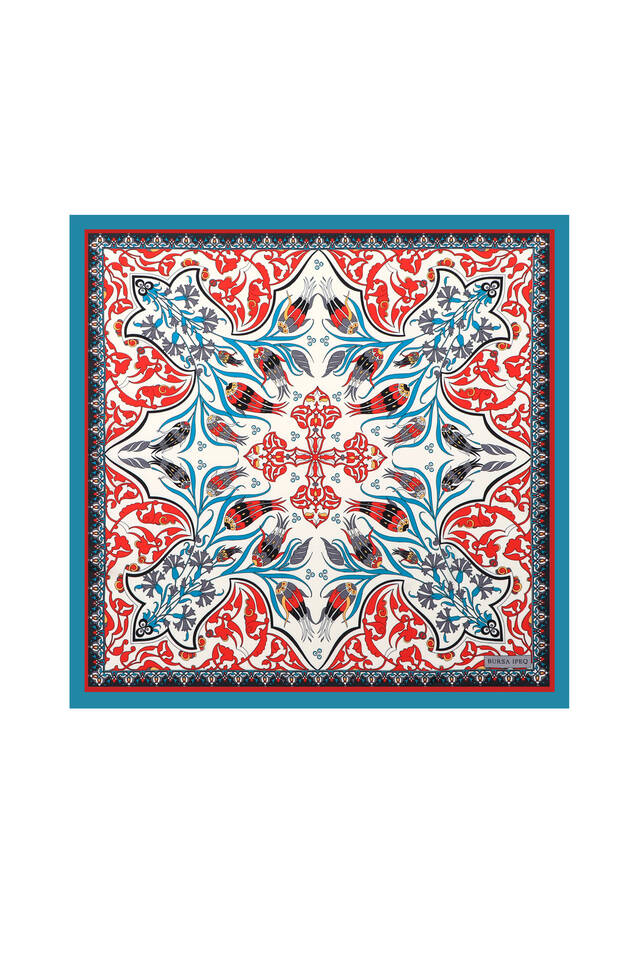 Turquoise Çintemani Carnation Pattern Silky Pocket Square - Bursa İpek