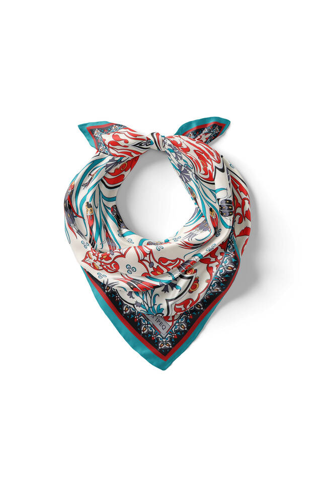 Turquoise Çintemani Carnation Pattern Silky Pocket Square - 2