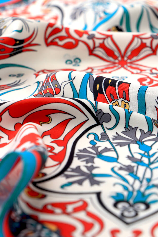 Turquoise Çintemani Carnation Pattern Silky Pocket Square - 3