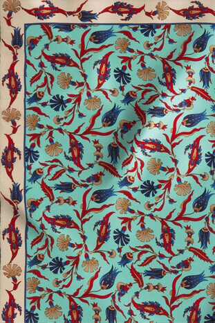 Turquoise Ecru Carnation Tulip Pattern Silk Square Scarf - Thumbnail
