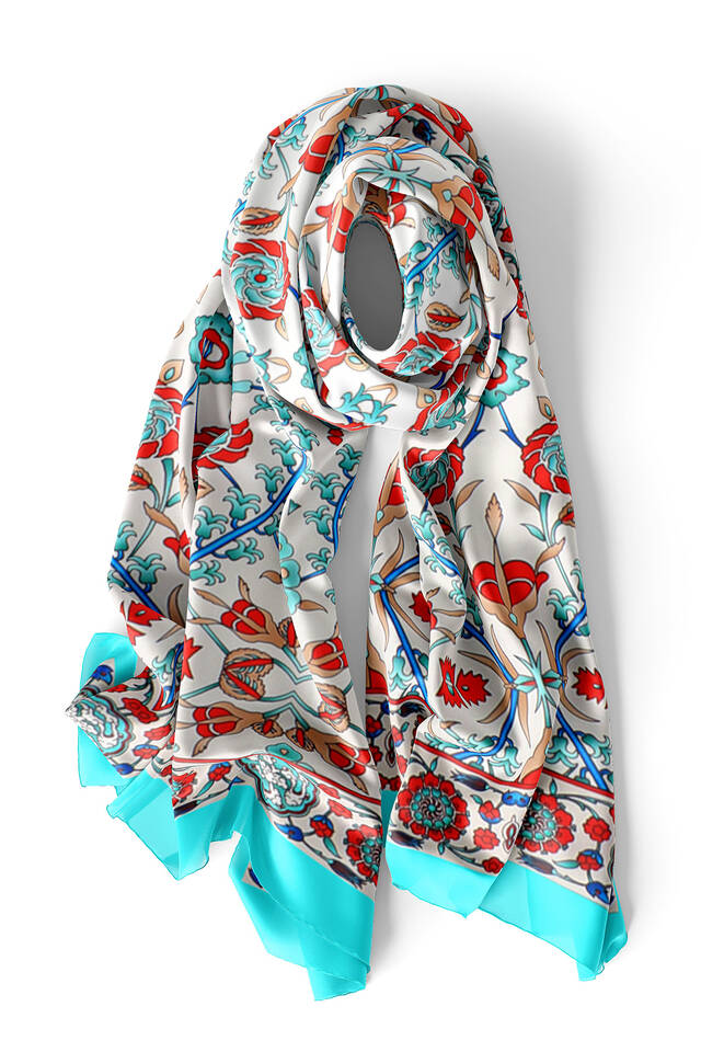 Turquoise Ecru Selçuk Pattern Silk Foulard - 3