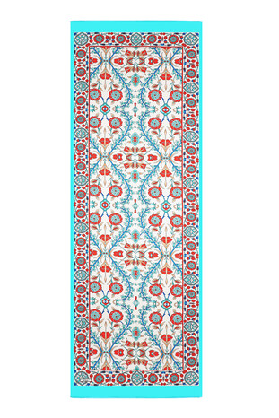 Turquoise Ecru Selçuk Pattern Silk Foulard - Thumbnail