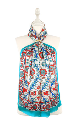 Turquoise Ecru Selçuk Pattern Silk Foulard 