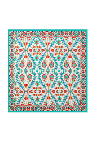 Turquoise Ecru Selçuk Pattern Silk Square Scarf - Thumbnail