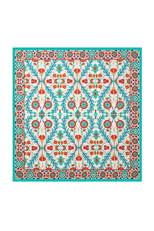 Turquoise Ecru Selçuk Pattern Silk Square Scarf 