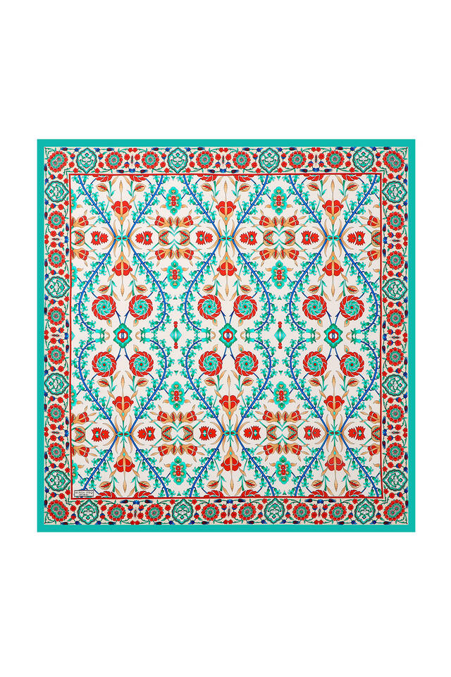 Turquoise Ecru Selçuk Pattern Silk Square Scarf 