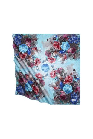 Turquoise Floral Pattern Silky Square Scarf - Thumbnail