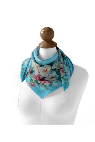 Turquoise Floral Silk Square Scarf - Thumbnail