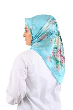 Turquoise Floral Silk Square Scarf - Thumbnail