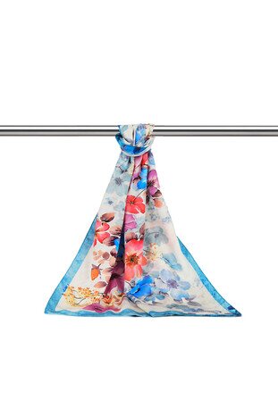 Turquoise Floral Silky Foulard - Thumbnail