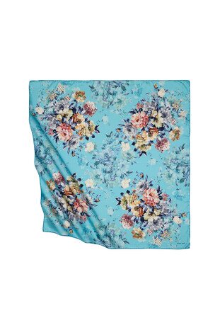 Turquoise Fourflower Pattern Silky Square Scarf - Thumbnail