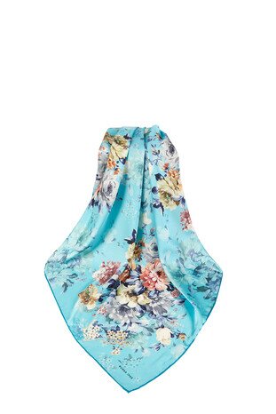 Turquoise Fourflower Pattern Silky Square Scarf - Thumbnail