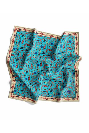 Turquoise Gold Carnation Tulip Silk Square Scarf - Thumbnail