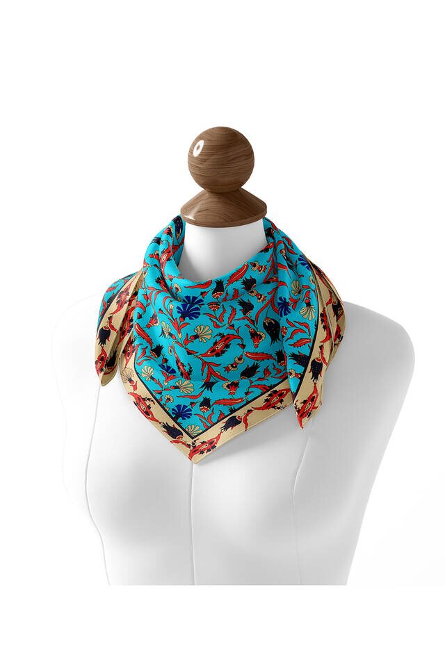 Turquoise Gold Carnation Tulip Silk Square Scarf - 2
