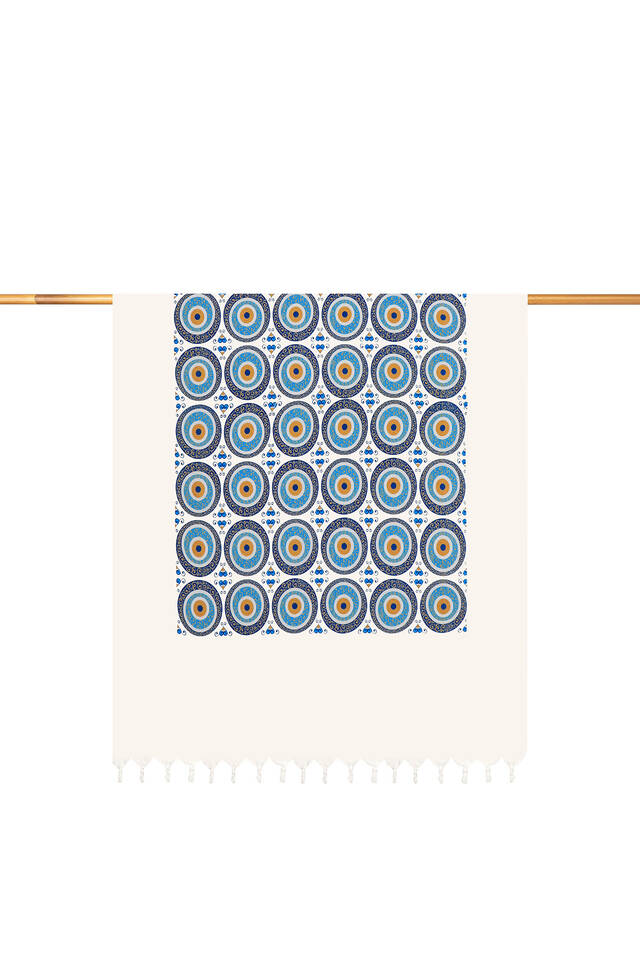 Turquoise Gold Printed Large Evil Eye Pattern Peshtemal - Bursa İpek