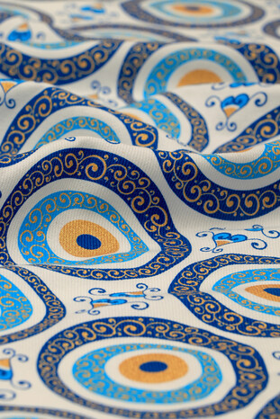 Turquoise Gold Printed Large Evil Eye Pattern Peshtemal - Thumbnail