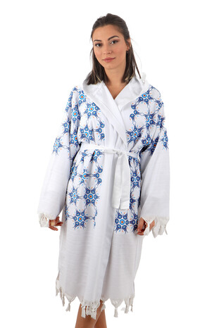 Turquoise Gold Printed Small Evil Eye Pattern Bathrobe 