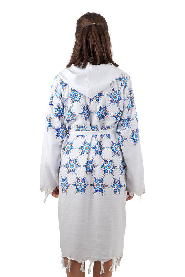 Turquoise Gold Printed Small Evil Eye Pattern Bathrobe - 2