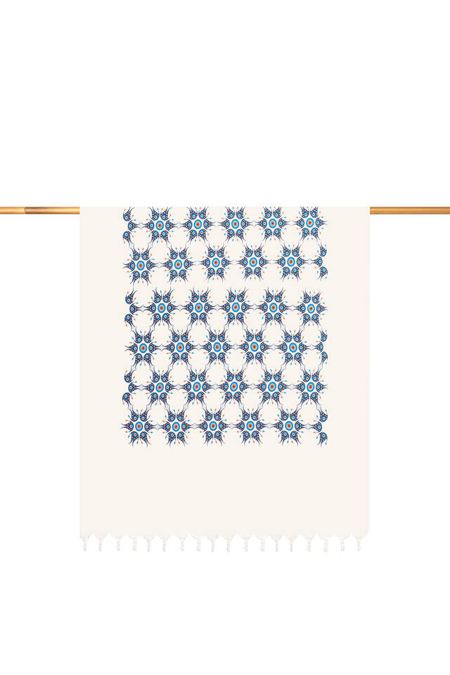 Turquoise Gold Printed Small Evil Eye Pattern Peshtemal - Bursa İpek
