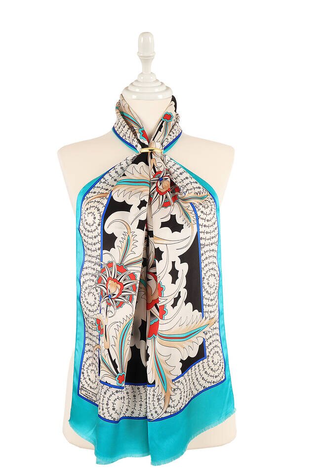 Turquoise Golden Horn Pattern Silk Foulard 
