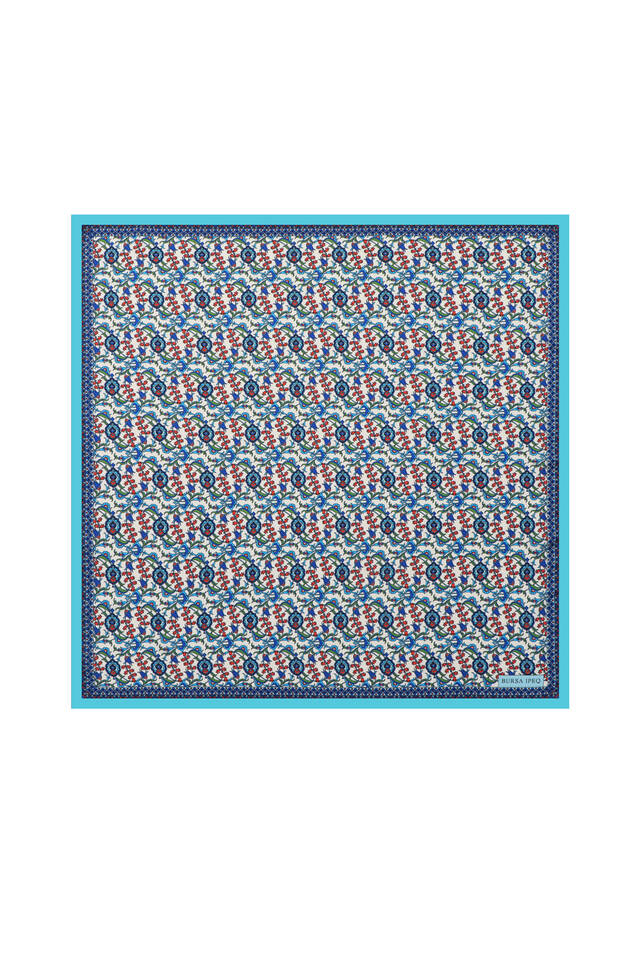 Turquoise Ivy Tulip Pattern Silky Pocket Square - Bursa İpek