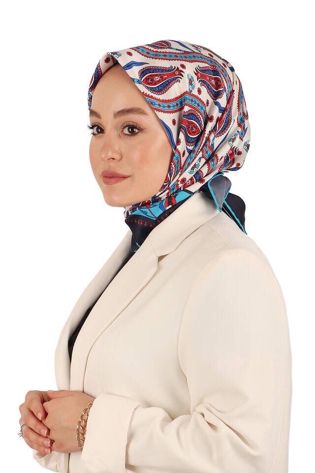 Turquoise Ivy Tulip Pattern Silky Square Scarf - 2