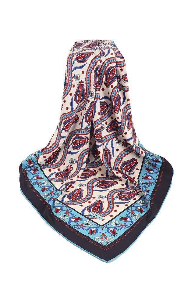 Turquoise Ivy Tulip Pattern Silky Square Scarf - 3