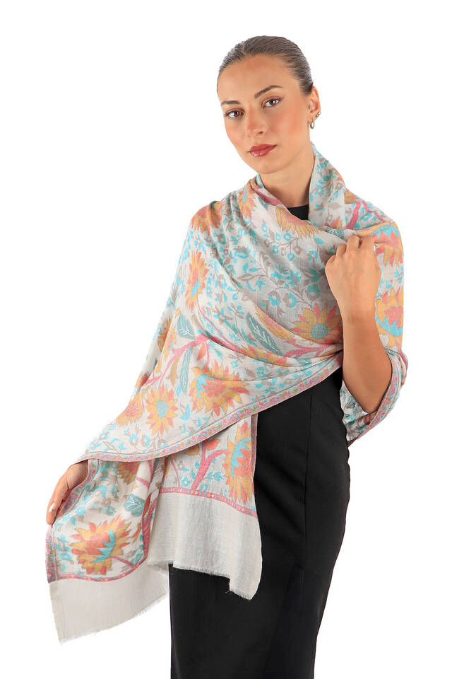 Turquoise Jacquard Patterned Wool Shawl - 2
