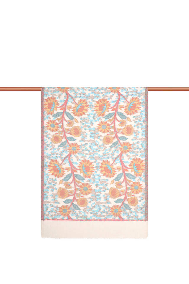 Turquoise Jacquard Patterned Wool Shawl - 3