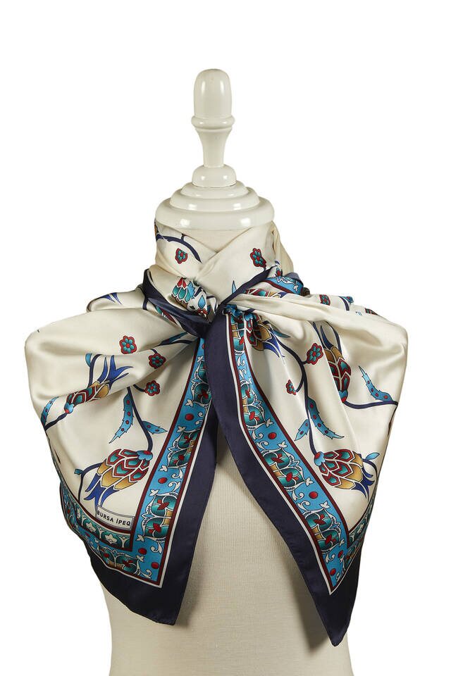 Turquoise Navy Blue Row Tulip Pattern Wide Silky Foulard - 2