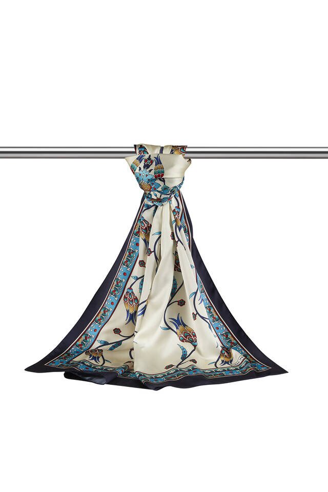 Turquoise Navy Blue Row Tulip Pattern Wide Silky Foulard - 3