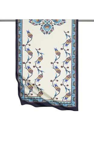 Turquoise Navy Blue Row Tulip Pattern Wide Silky Foulard - Thumbnail