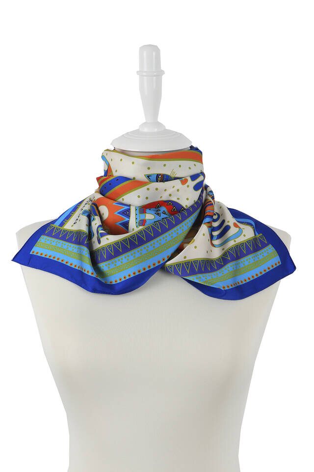 Turquoise Orange Patterned Silky Foulard - 2