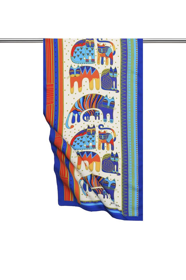 Turquoise Orange Patterned Silky Foulard - 1