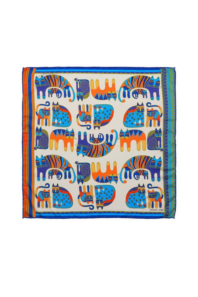 Turquoise Orange Patterned Silky Pocket Square - Bursa İpek