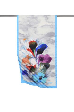Turquoise Poppy Pattern Silky Foulard - Thumbnail