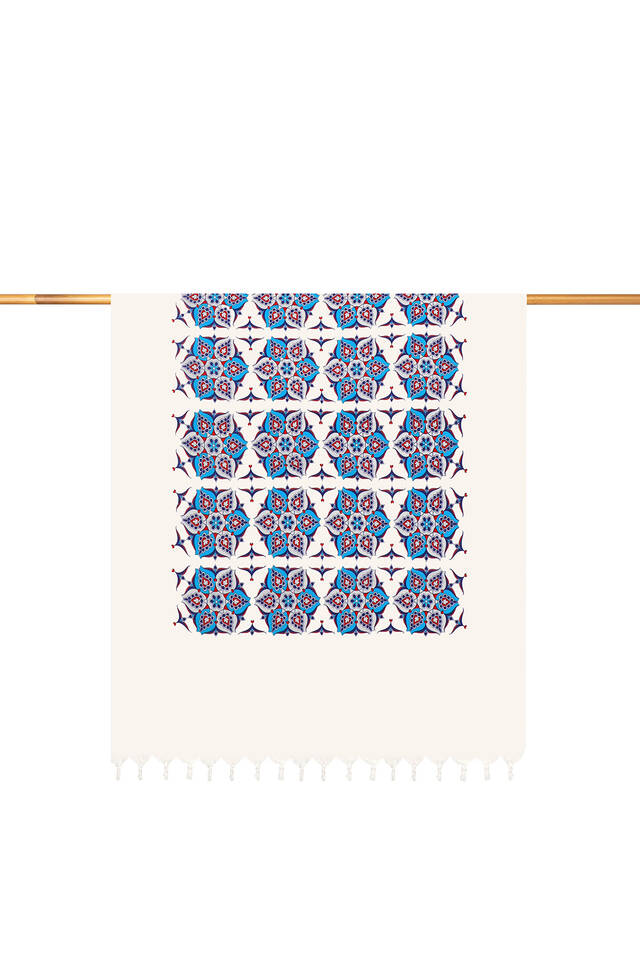 Turquoise Red Printed Anatolian Pattern Peshtemal - Bursa İpek