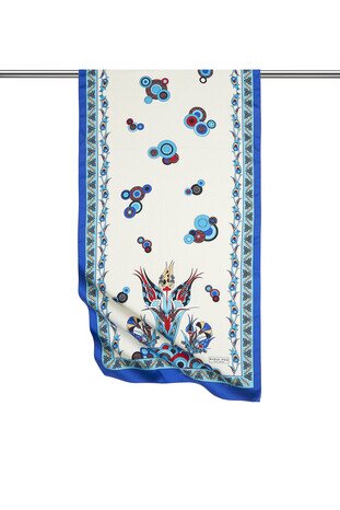 Turquoise Saks Çintemani Pattern Narrow Silky Foulard - Thumbnail